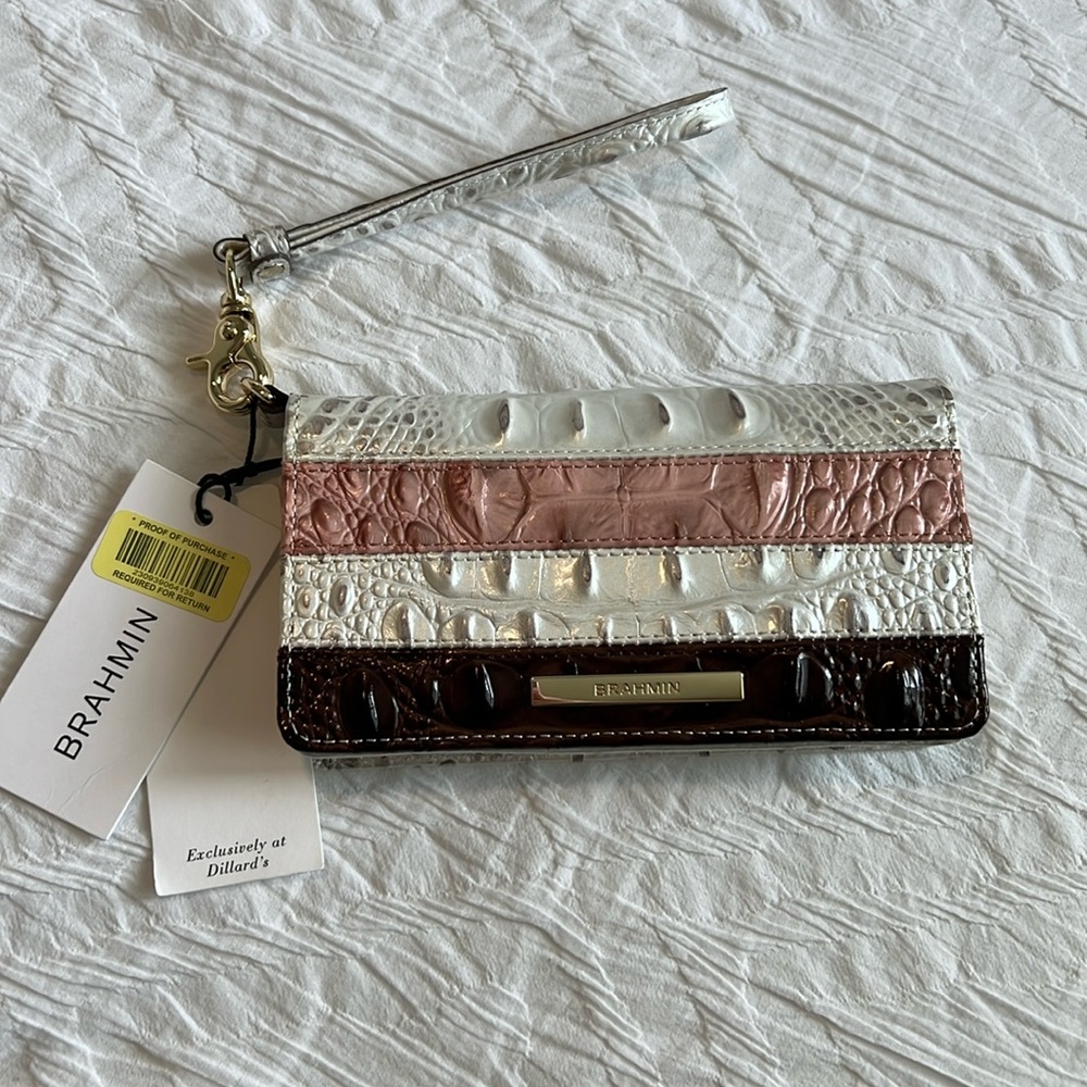 White, Brown and Pink Brahmin Wristlet Wallet